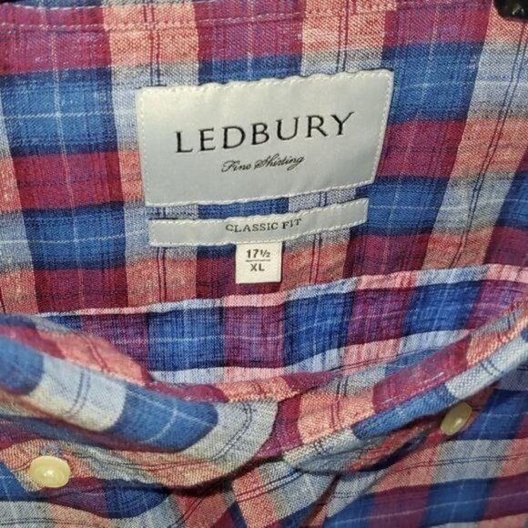 Ledbury Classic Fit Blue/Red Plaid Sz. 17.5 (XL) Long Sleeve Casual Shirt - Picture 3 of 9